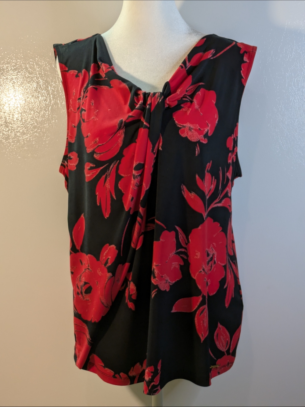 Calvin Klein Black Sleeveless Camisole with Red Floral Motif